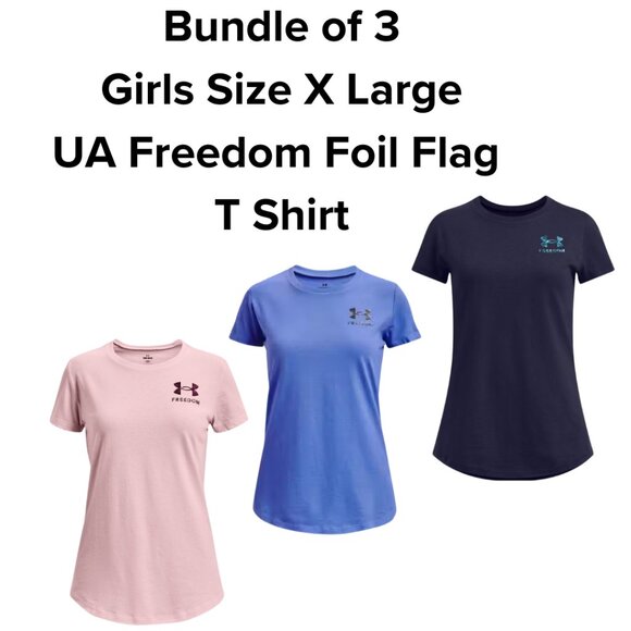 NWOT BUNDLE of 3- Under Armour Girls UA Freedom Flag Foil T-Shirt - Youth XLarge